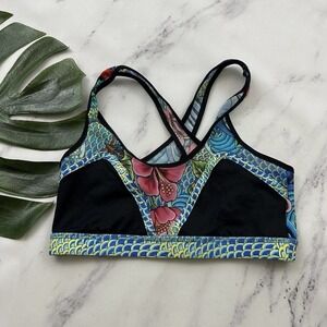 Luli Fama Fit Womens Sport Bra Size S Blue Black Retro Tattoo Print Mesh